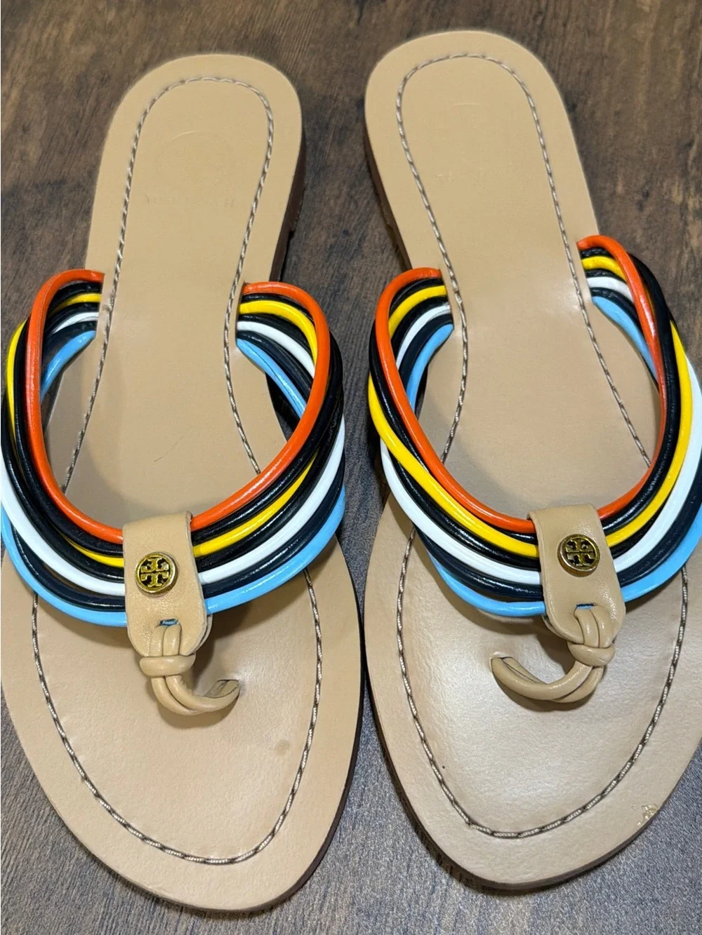 Tory Burch Tan Leather Sandals with Multicolor Braided Straps